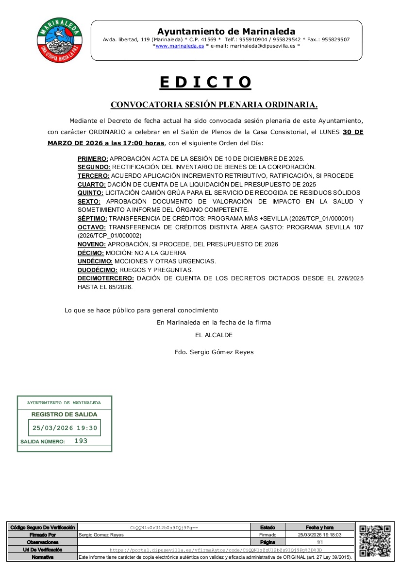 EDICT26 CONVOCATORIA PLENO ORDINARIO